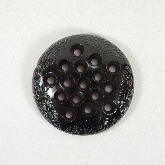 L E Smith Black Amethyst Glass Flower Frog 16 Holes Art Deco Raised Coral - Picture 1 of 4